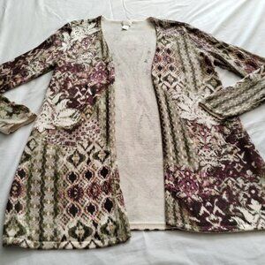 CHICO's Cream/Multi-Color Long Sleeve Open Front CARDIGAN Sweater Sz 1